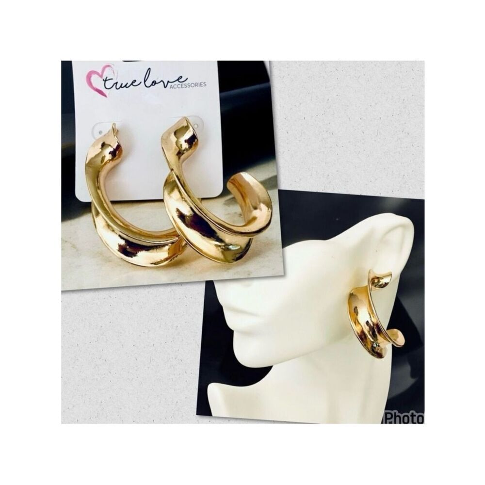 NWT True Love Gold Polished Chunky Heavy Twisted C Shape Open Hoop Earrings
